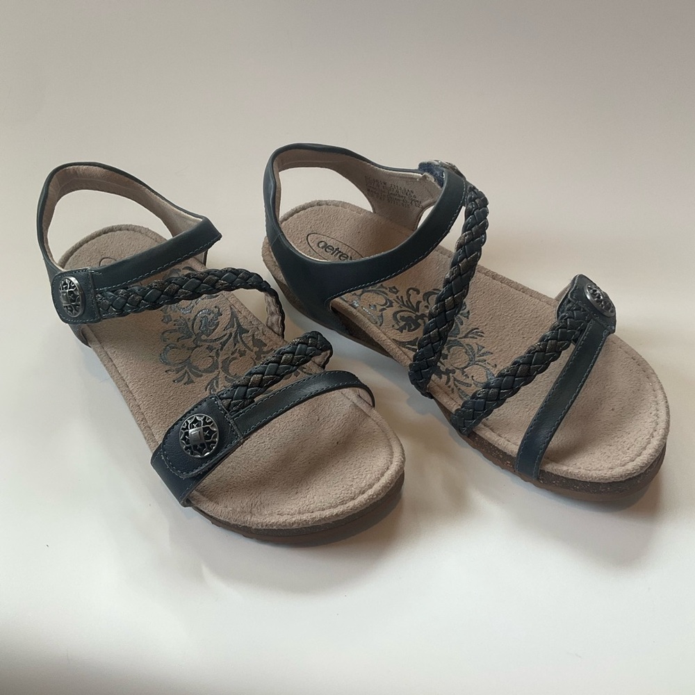 Aetrex Jillian Quarter Strap Arch Support Navy Leather Sandals - Picture 2 of 16